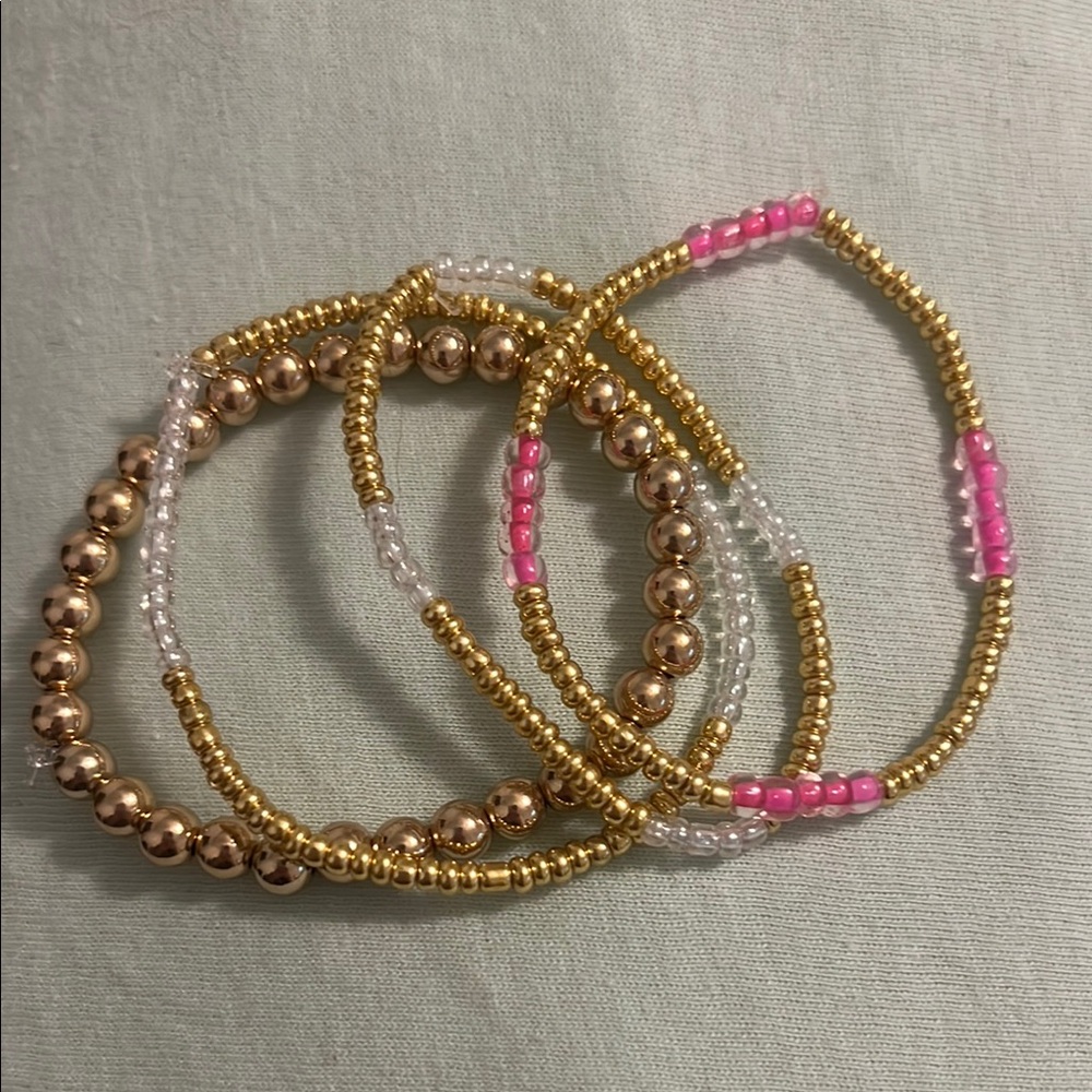 Gold and Pink Beaded Bracelet Set